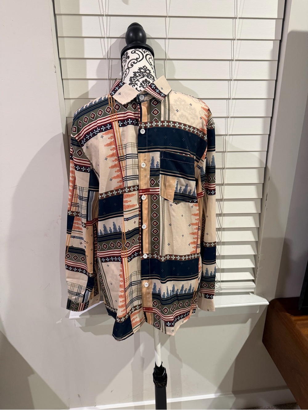 SHEIN Men's Patchwork Button-Down Shirt in Beige and Navy